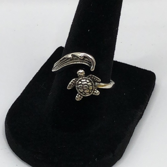 Sea Turtle and Ocean Wave Silver Tone Ring Size is Adjustable - Picture 6 of 13